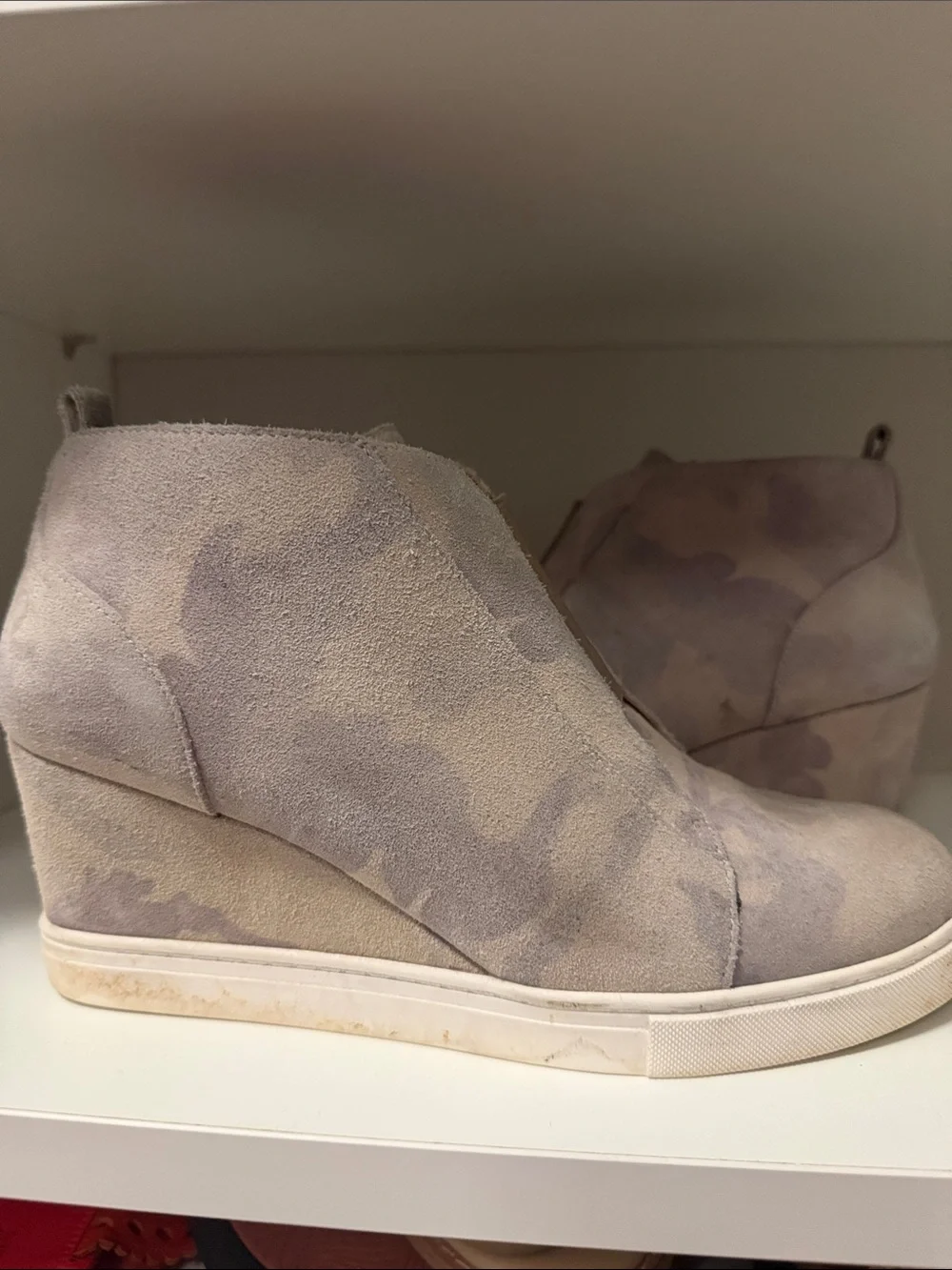 Women’s Camouflage Suede Wedge Sneaker Booties in Light Taupe
